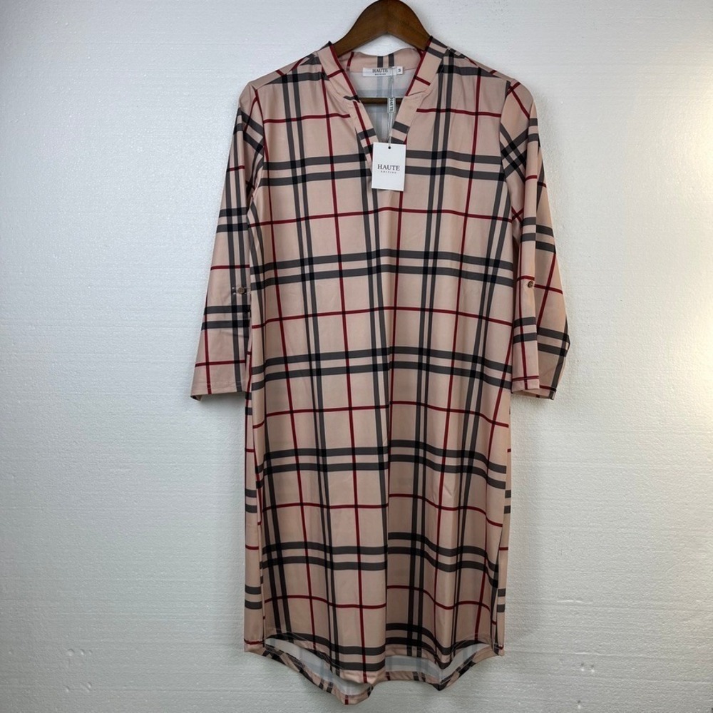 Women's Blush‎ Beige Check Shift Dress Tunic Plaid Work Casual Size M